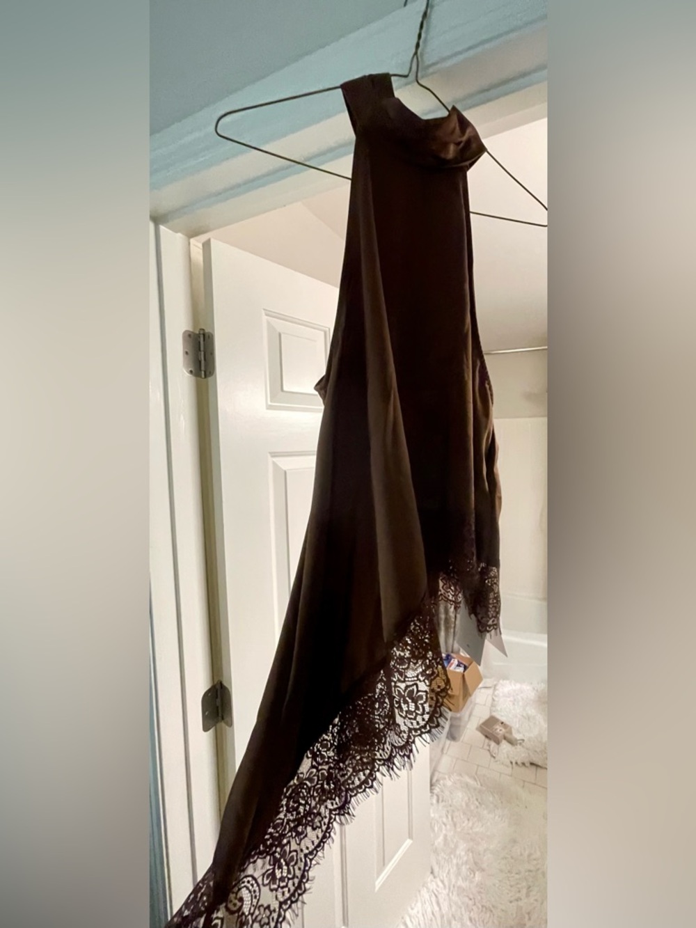 Asymmetrical Dark Brown blouse with lace.